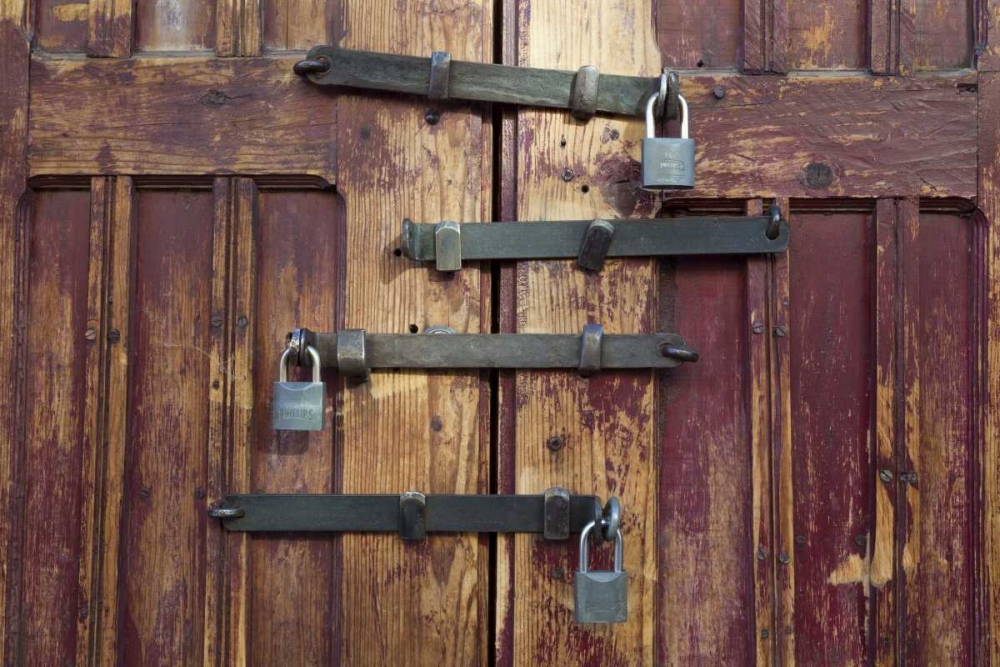 Mexico Detail of wooden door with four locks